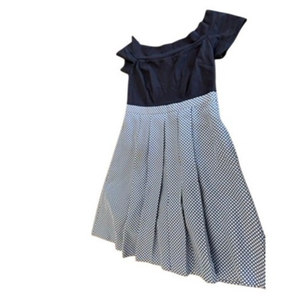 Modcloth Navy Off the Shoulder Fit and Flare Dress Textured Geometric L Cottage